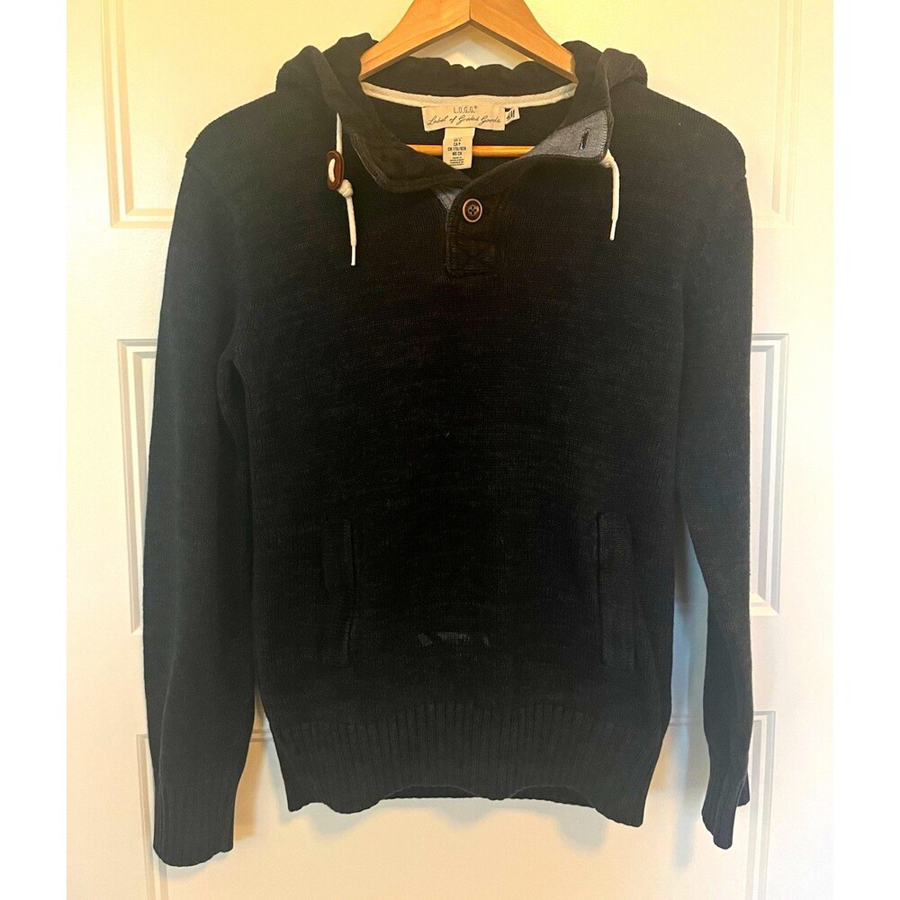 L.O.G.G. Mens M Black Cotton Knit Pullover Hoodie Button Neck Pockets Drawstring